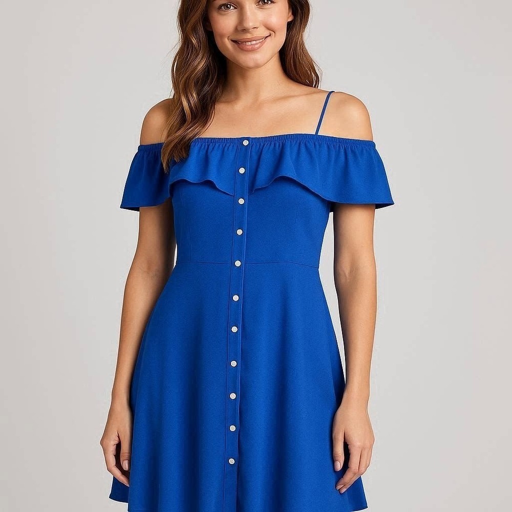 Garden Party Cottagecore ROZ & ALI - WOMEN'S BLUE OFF THE SHOULDER DRESS 16P